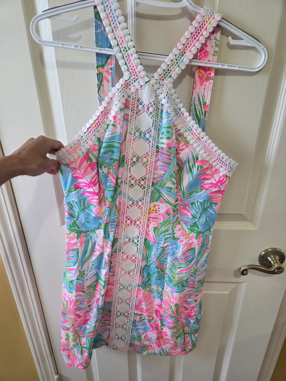 Lilly Pulitzer Pink Blue Green Floral Tank Dress with White Lace Trim